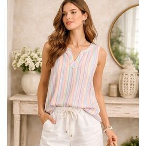 100 Linen Blouse Top Stripes Bright Colorful Pastel Rainbow Spring Easter Resort